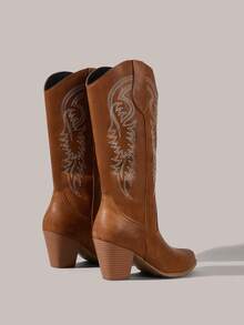 Styleloop 棕色西式尖头刺绣粗跟一脚蹬牛仔靴，适合秋冬、圣诞节、万圣节的时尚派对装 - 棕色 - 查看 4