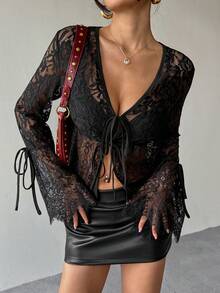 Islaluna Women's Fashionable Sexy Sheer V-Neck Tie Front Long Sleeve Lace Blouse - Black - View 1