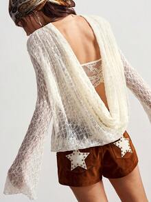 Bohemela Women's Casual Solid Color Knit Lace Blouse - Light Yellow - View 4