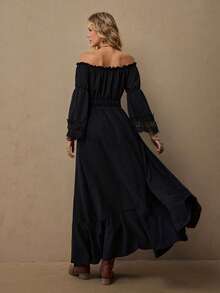 Freevana Women's Vacation Black Off-Shoulder Long Sleeve Cinched Waist A-Line Dress, Lace Trim Cuffs Loose Dress, Forest Style Autumn/Winter Dress Black Off Shoulder Dress - Black - View 2