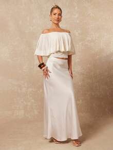 Lumalex 女士优雅露肩荷叶边修身毛衣，夏季 - 杏色 - 查看 7