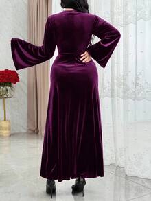 Modelyn Váy xòe tay loe cổ chữ V thanh lịch dành cho nữ, mùa thu/đông - Màu tím - Xem 2