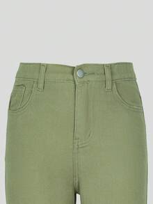 SHEIN Denimly 女童休闲简约学院风水洗牛仔松紧腰拉链裤脚七分牛仔裤 - 綠色 - 查看 3