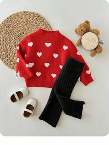 SHEIN 2 件套女婴可爱波尔卡圆点长袖毛衣和松紧腰裤套装，休闲秋冬 - 紅色 - 查看 4