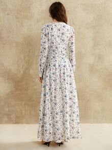 Florisole Women's White And Blue Floral Embroidery Long Dress,Elegant V-Neck Pleated Fitted Waist Long Sleeves Resort Dress,Autumn Tea Party Holiday Dresses - Blue and White - View 6
