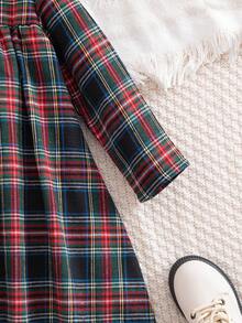 SHEIN Young Girls' French Elegant Plaid Patchwork Woven Fitted Long Sleeve Dress, Autumn/Winter,Christmas - Black - View 5