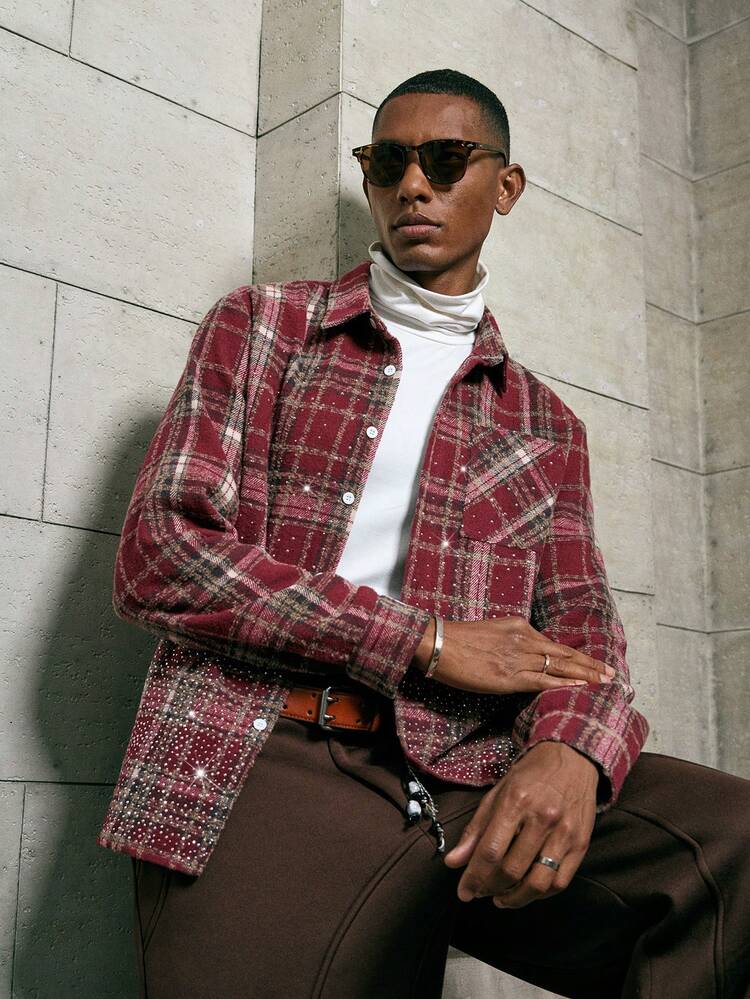 Men's Plaid Long Sleeve Single-Breasted Pocket Rhinestone Embellished Shirt Cowboy Men Shirts Streetwear Men's Plaid Flannels For Men Jackpot Sumwon Burgundy Men's Shirt