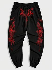 ROMWE MEN Men's Gothic Print Drawstring Waist Pockets Casual Jogger Pants