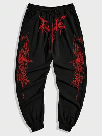Goth Pantaloni casual da uomo con stampa gotica, vita con coulisse e tasche
