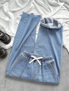 SHEIN Tween Girls' Tie Waist Pocket Wide Leg Loose Casual Jeans - Light Wash - View 3