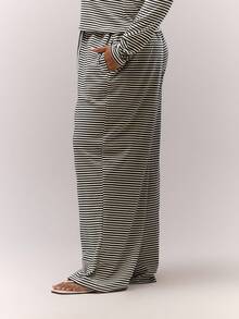 MUSERA Plus Wide Leg Baggy Drawstring Stripe Trousers Only Casual Cute Cosy   Night In - Black and White - View 3