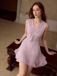 MOTF PREMIUM WOMEN'S WAIST CINCHED SHORT DRESS, ETHEREAL STYLE, AUTUMN/WINTER - Dusty Pink - View 1