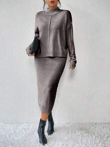 RosyDaze 2pcs/Set Casual Solid Color Knit Stand Collar Long Sleeve Top And Skirt Modest Two Pieces Set Grey Dress Women Grey Two Pieces Set Minimalist Clothes Women - Coffee Brown - View 5