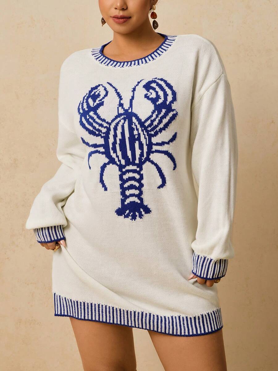 Travachic Plus Size Fashionable Lobster & Striped Pattern Crew Neck Long Sleeve Pullover Top/Winter - White - View 1
