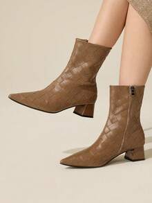 CUCCOO CHICEST Botines de tacón grueso de punta fina y versátiles para mujer - Marrón - Ver 1