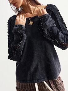 Bohemela Áo thun nữ cổ thuyền tay dài dệt kim màu trơn, rộng rãi, giặt được, thích hợp cho mùa đông, Giáng sinh, tiệc năm mới - màu đen - Xem 5