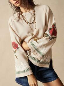 Bohemela Sudadera holgada de cuello redondo de punto de unicolor estilo retro casual con estampado lavado para mujer en otoño/invierno - Albaricoque - Ver 8