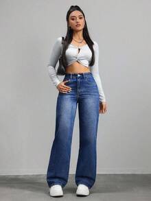 ICON Pantalones vaqueros de pierna recta versátiles de unicolor con bolsillo - Azul lavado oscuro 2 - Ver 4