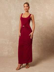 Lumalex Vestido ajustado con cintura fruncida y brillo metálico suave para decoración de primavera temprana, para mujeres, atuendos de vacaciones, cumpleaños, invitada de boda, fiesta de boda, verano, vacaciones en la playa, aspecto de lujo, fiesta de graduación, fiesta, banquete, modesto, fiesta de Al-Adha, festival con capas ricas - Rojo - Ver 9