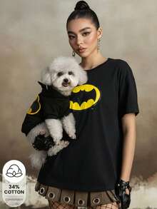 BATMAN X SHEIN 女式休闲蝙蝠印花圆领短袖T恤，夏季 - 黑色 - 查看 8