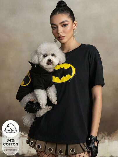 BATMAN X SHEIN Women's Casual Bat Print Round Neck Short Sleeve T-Shirt, Summer Black Graphic T Shirt Women Tshirt For Woman