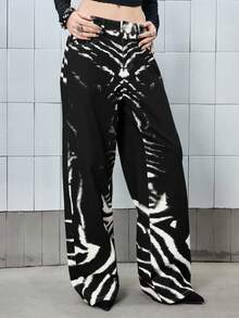 ROMWE J-Fashion 复古宽松直筒牛仔裤，斑马纹渐变印花，涩谷女孩设计，男女皆宜 - 彩色 - 查看 5