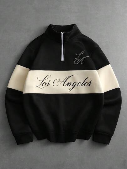 PAVTROS Sudadera casual de moda para hombres, de uso diario y para ir al trabajo, con estampado de letras, contraste de colores y cuello alto con media cremallera, para otoño