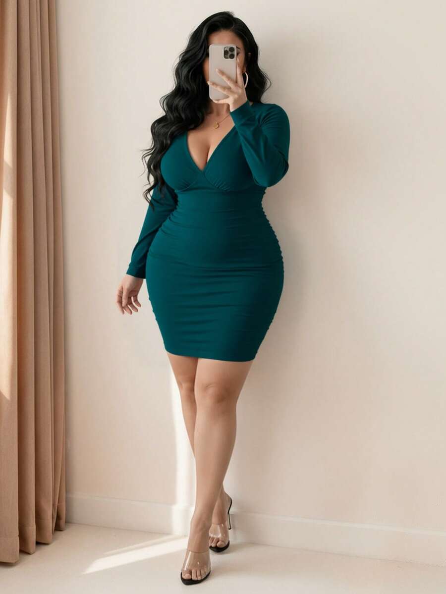 Elenzga 大码女式秋季新款褶皱优雅修身连衣裙，深 V 领收腰长袖紧身迷你连衣裙，适合晚礼服、约会、庆典、派对，纯色通勤 - 綠色 - 查看 1