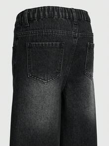 SHEIN Denimly 女童青少年寬鬆牛仔褲 深藍色 秋季街頭風 校園返校穿搭 寬腿褲 愛心刺繡 鬆緊腰 黑色牛仔 - 黑色 - 查看 7