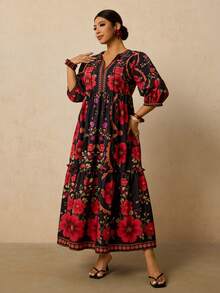 Travachic Plus Size Women's Pink & Green Tropical Plant Print Maxi Dress, V-Neck Tie Bow Long Sleeve Loose Casual Dress, Early Autumn Boho Dress Women Summer Dresses For Women With Sleeves Resort Dresses For Women Floral Print Dress French Dresses For Women Autumn Dress Going Out Dress Fall Clothes Fall Clothes Plus Size Autumn Clothes Wedding Guest Dress Elegant Old Money Beach Outfits For Woman Resort Wear Women Ibiza Outfit - Multicolor - View 4