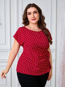 Reflora 大码女式全心形印花圆领短袖侧打结时尚衬衫，休闲优雅外出夏季春假情人节优雅度假，2026新款可爱上衣大码红色系带上衣大码红色衬衫女式大码可爱红色波点上衣心形印花上衣大码红色衬衫可爱红色上衣大码红色上衣女式红色波点大码衬衫 - 紅色 - 查看 6