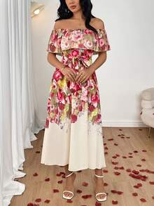 SHEIN Raffinéa Vestido de festa/coquetel elegante, romântico e luxuoso com ombros à mostra, cintura marcada e barra evasê. Ideal para mulheres.