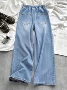 SHEIN Tween Girls' Tie Waist Pocket Wide Leg Loose Casual Jeans - Light Wash - View 2