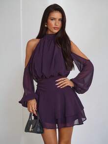 Aloruh Purple Red Long Sleeve Off-Shoulder Dress, Casual Commuter Elegant Dress With Small Stand Collar, Spring,Casual Dresses For Women,Vacation Outfits For Women,Elegant Dresses For Women,Birthday Party Dress,Wedding Guest Dress For Women,Valentine's Day Outfit,Spring Dress Women,Solid Color Dress,Mini Dress, Short Dress - Purple - View 2