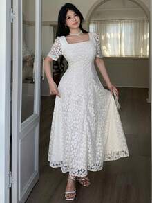 Feyla Women's Fashionable & Elegant Square Neck Short Sleeve Midi Dress - Apricot - View 5