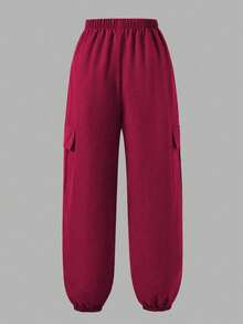 SHEIN ChillGRL Bộ 2 áo thun tay ngắn cổ tròn in họa tiết thường ngày cho bé gái tuổi teen và quần ống rộng có túi hộp, thời trang mặc hàng ngày và ngoài trời, màu xanh quân đội - Màu Hồng Tươi - Xem 7