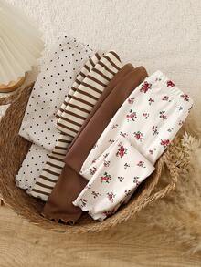 Souflis Souflis Toddler Girls Leggings 4-Pack - Floral Stripe Polka Dot Solid Multi-Style Stretch Skinny Pants Sweet Floral Print Design Brown White Series Sweet Color Stretch Breathable Fabric High Waist Slim Fit Leggings Floral Stripe Polka Dot Combo Social Media Style Sweet 2026 New Year Holiday Essential Little Girls Leggings Set Leggings Only No Top Included Leggings Pack Girls Long Pants