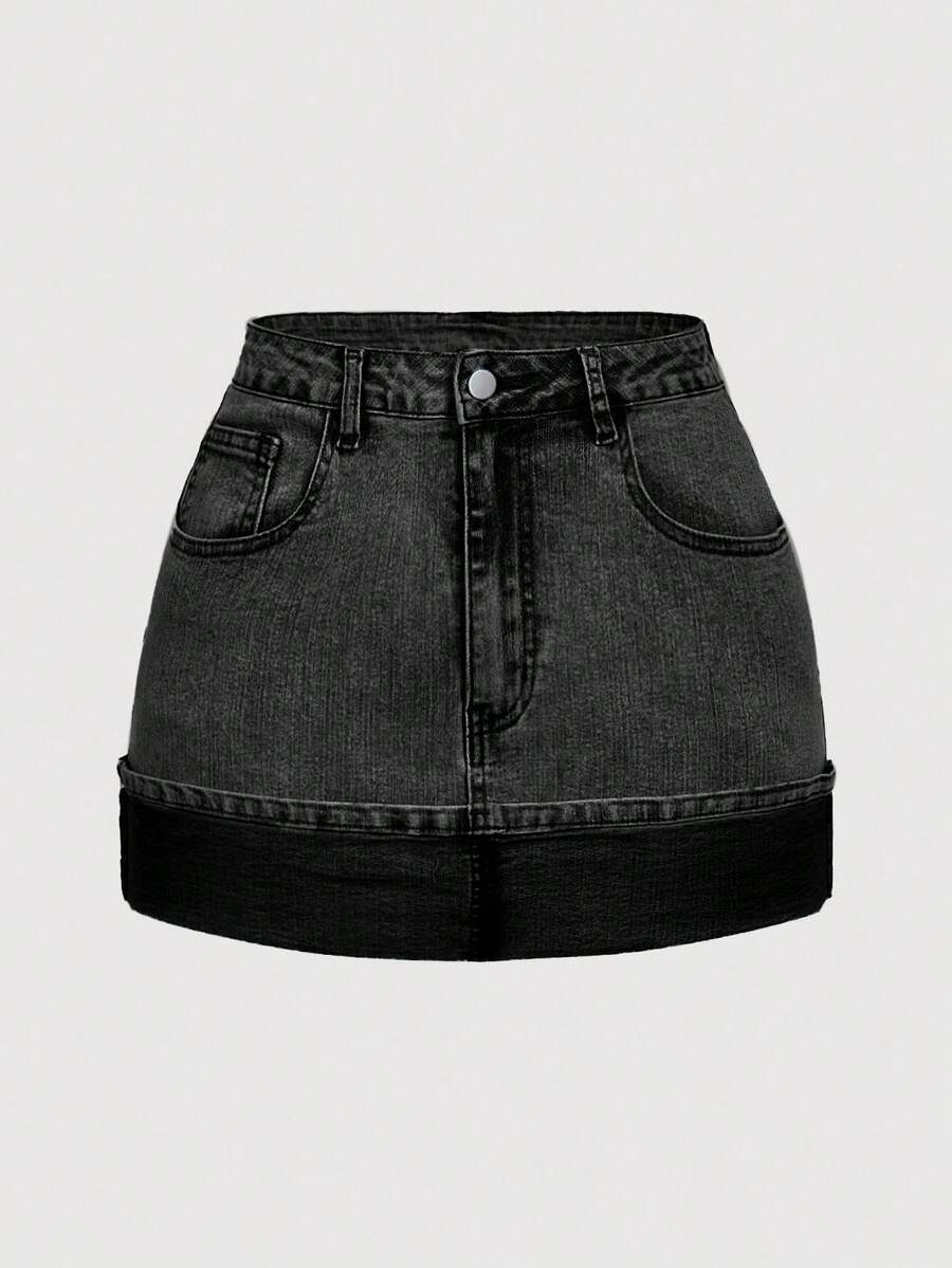 SHEIN MOD Váy denim ngắn thời trang cỡ lớn dành cho nữ, váy denim đen, váy jean, váy denim mini, váy denim màu tối, váy denim nữ. - màu đen - Xem 1