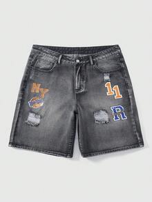 ROMWE MEN Street Life Men's Casual Distressed Letter Print Denim Shorts, Summer - Black - View 1