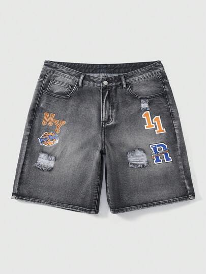 ROMWE MEN Street Life Men's Casual Distressed Letter Print Denim Shorts, Summer