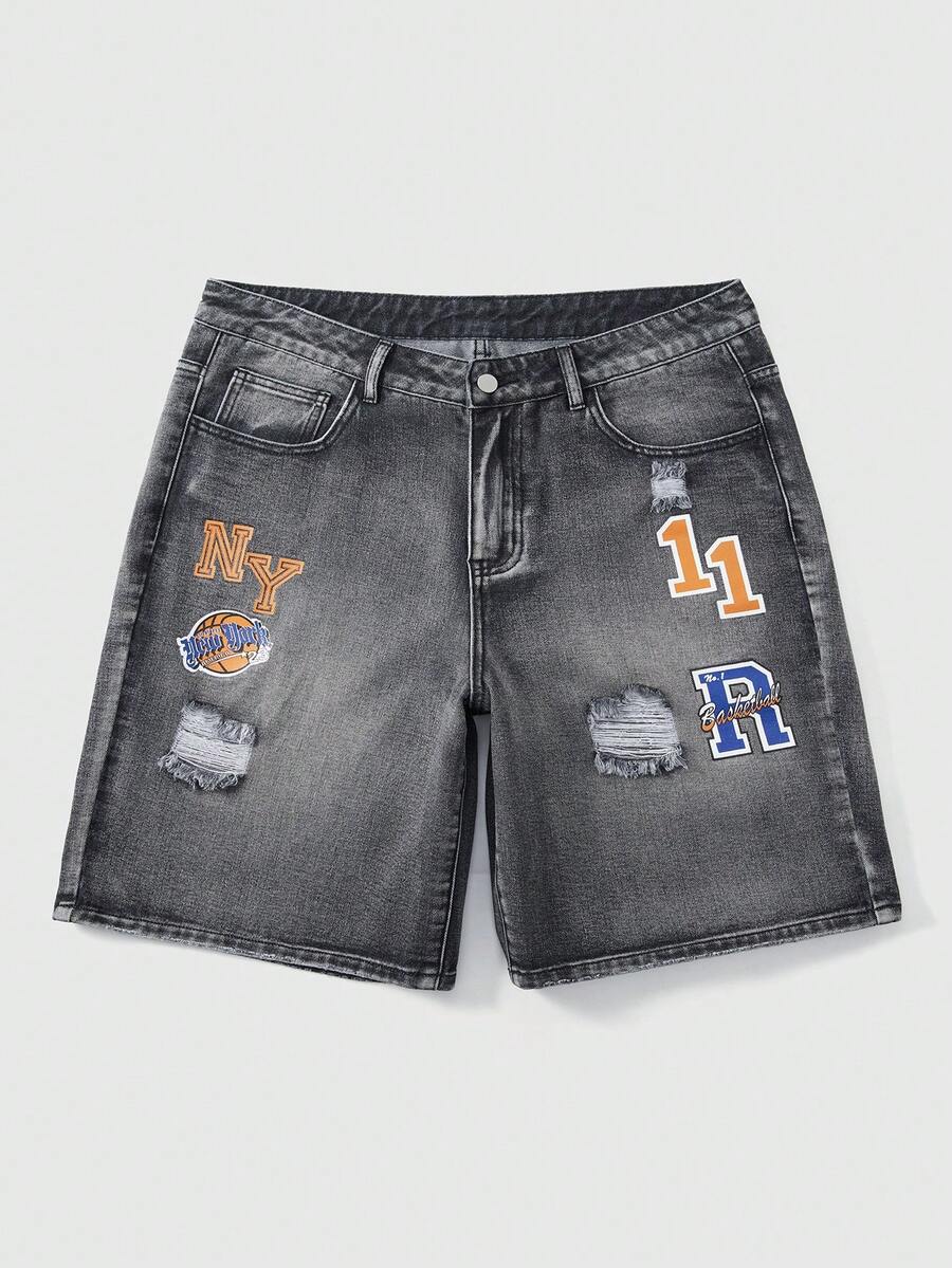 ROMWE MEN Street Life Men's Casual Distressed Letter Print Denim Shorts, Summer - Black - View 1
