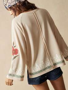 Bohemela Sudadera holgada de cuello redondo de punto de unicolor estilo retro casual con estampado lavado para mujer en otoño/invierno - Albaricoque - Ver 7