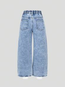 SHEIN ChillGRL Girls' Sparkling Rhinestone Jeans, Y2K Style, New All-Season Arrival, Light Blue Denim, Loose Wide-Leg Fit, Sparkling Rhinestone Finish, Fashionable, Simple, And Versatile Girls' Jeans, Comfortable Fine Cotton Denim Fabric, Comfortable To Wear, Suitable For Everyday Outings, School Commutes, Multiple Scenes, Multiple Styles, Easy To Match. Fashionable Girls' Jeans - Medium Wash - View 2