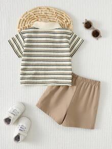 Cozy Pixies 2件套男婴卡通动物图案针织柔软圆领长袖套头卫衣和松紧腰裤套装 - 卡其色 - 查看 2