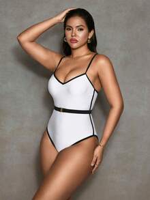 Shapewave Women's White Shiny & Black Trim Matching Black Metal Belt Backless Criss-Cross Strap Design One Piece Swimsuit, Fashionable Fitted Beach Vacation Swimsuit - White - View 4