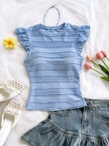 Soleia 休闲度假、西部海滩、婚礼宾客、毕业典礼、早午餐、圣帕特里克节、春假、复活节、音乐节 优雅波西米亚风热带花卉印花荷叶边袖T恤吊带背心，春夏款 - 藍色 - 查看 3