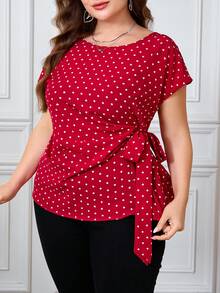 Reflora 大码女式全心形印花圆领短袖侧打结时尚衬衫，休闲优雅外出夏季春假情人节优雅度假，2026新款可爱上衣大码红色系带上衣大码红色衬衫女式大码可爱红色波点上衣心形印花上衣大码红色衬衫可爱红色上衣大码红色上衣女式红色波点大码衬衫 - 紅色 - 查看 7