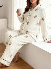 Moonlight&Mama 女士浪漫郁金香印花舒适V领开衫长裤孕妇睡衣套装，秋冬款