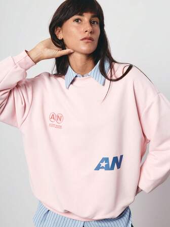 SURIMA Casual Pink Minimalist Printed Pattern Crew Neck Loose Fit Long Sleeve Hoodie For Women