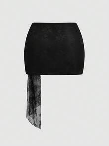 Sweetra 加大码黑色蕾丝星星海星装饰沙滩度假旅行飘逸收腰修身半身裙 - 黑色 - 查看 2